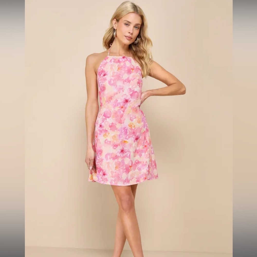 Lulus Mini Floral Halter Dress in Pink and Yellow NWOT Size XL